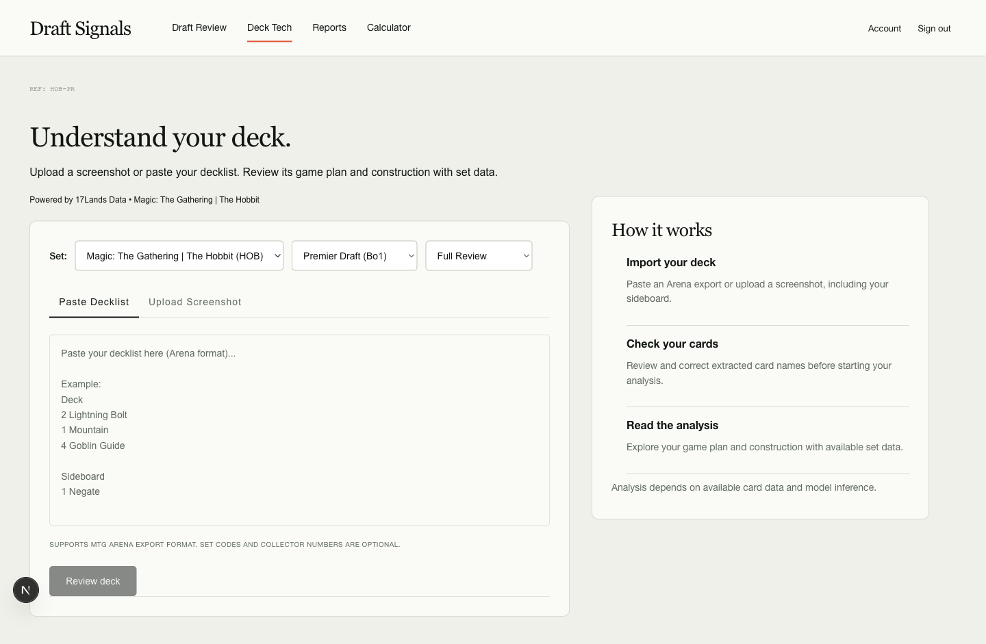 HOB Deck Tech screen with decklist review interface